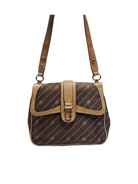 GUCCI Canvas Shoulder Bag Leather Trim Vintage Flap Brown Classic Medium